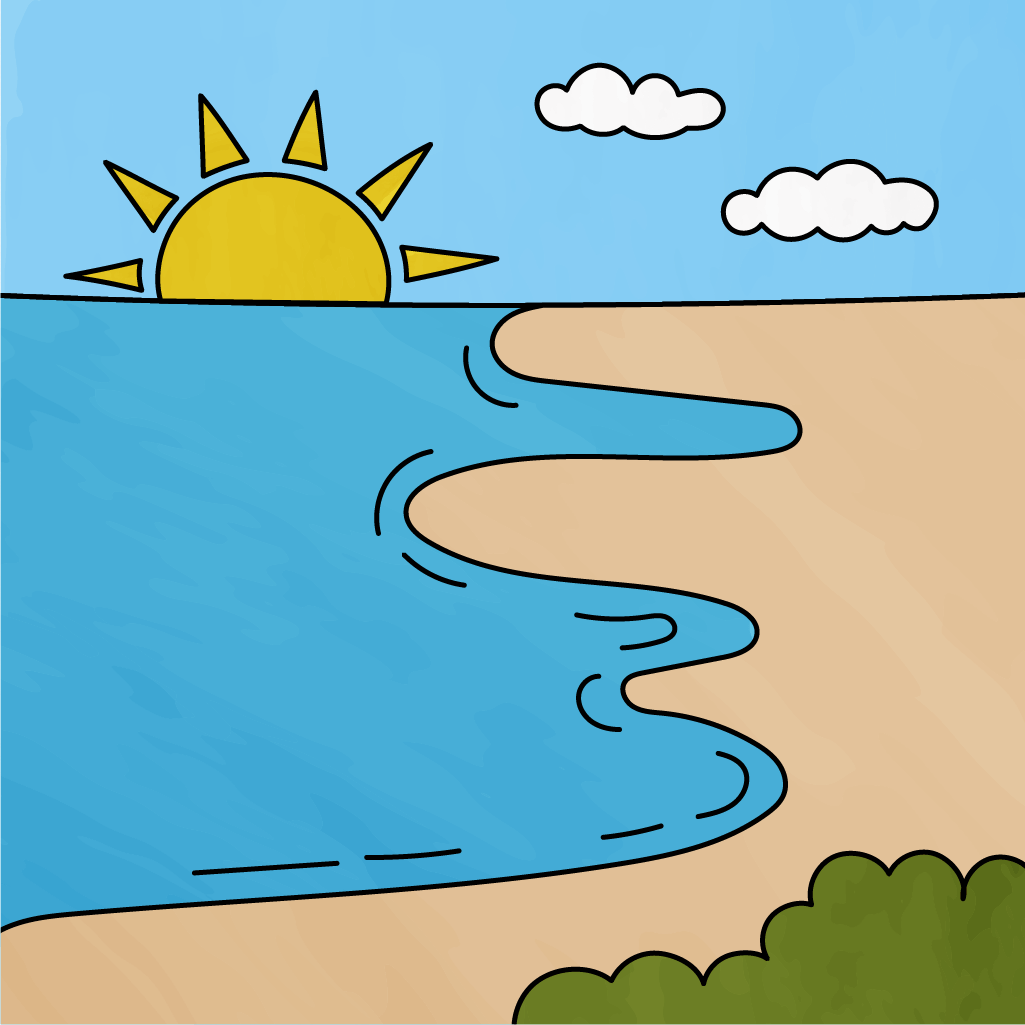 Step 7 Showing The Final Result Of A Beach Drawing With Blue Water, Tan Sand, Sun, Clouds, And Bushes.