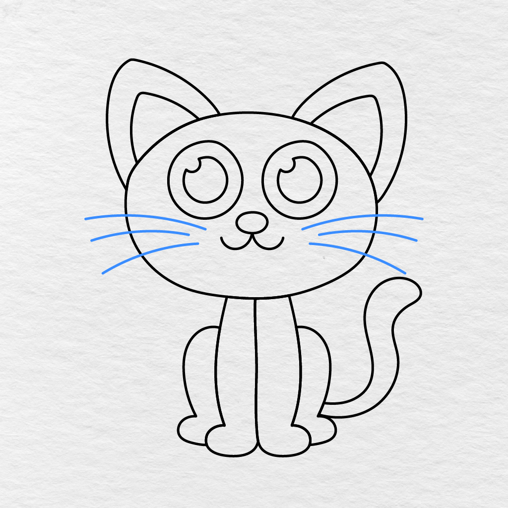 Step 10 Showing Three Curved Whiskers Added To Each Side Of The Cat’s Face.