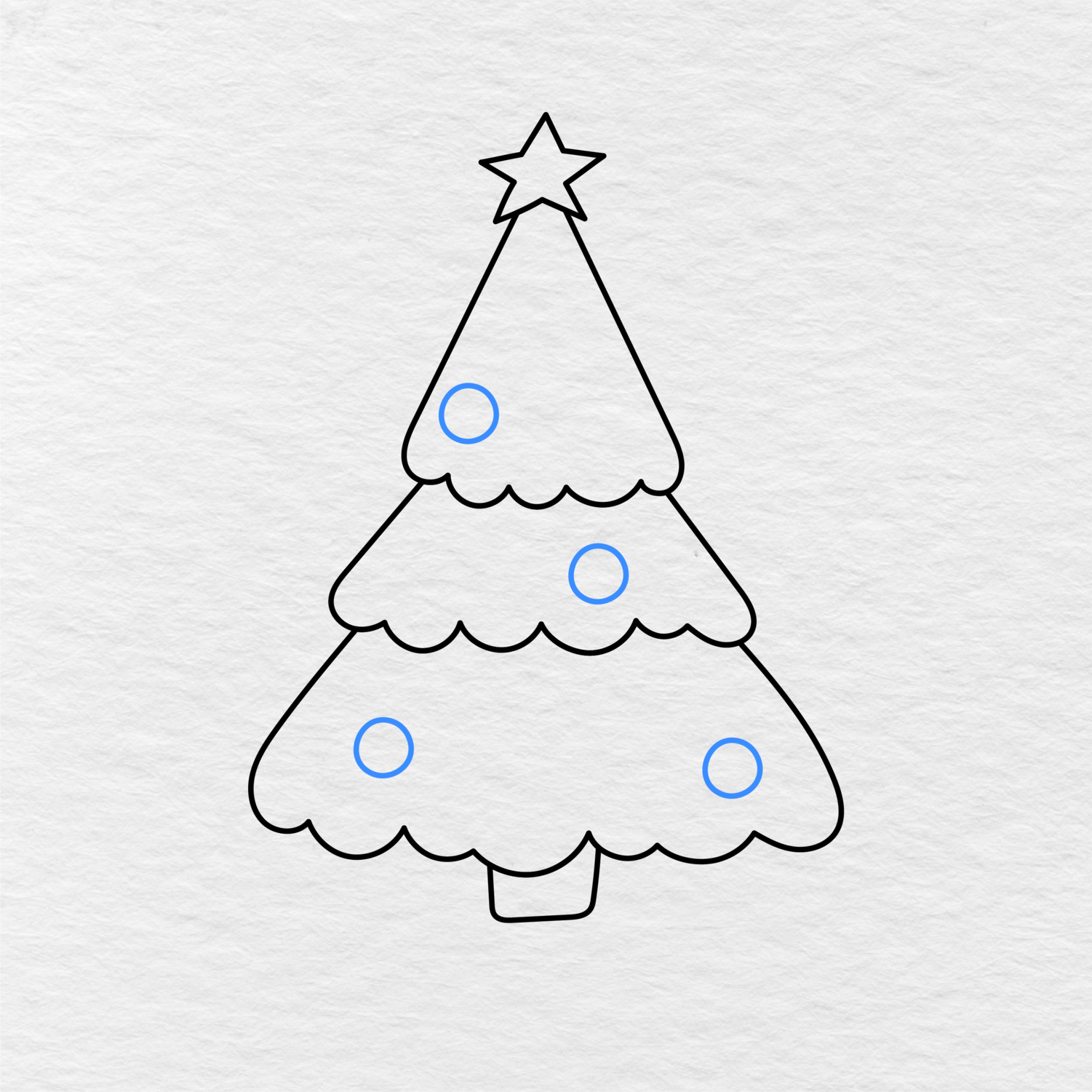 Step 7 Showing How To Draw A Christmas Tree With The First Four Round Ornaments Added.