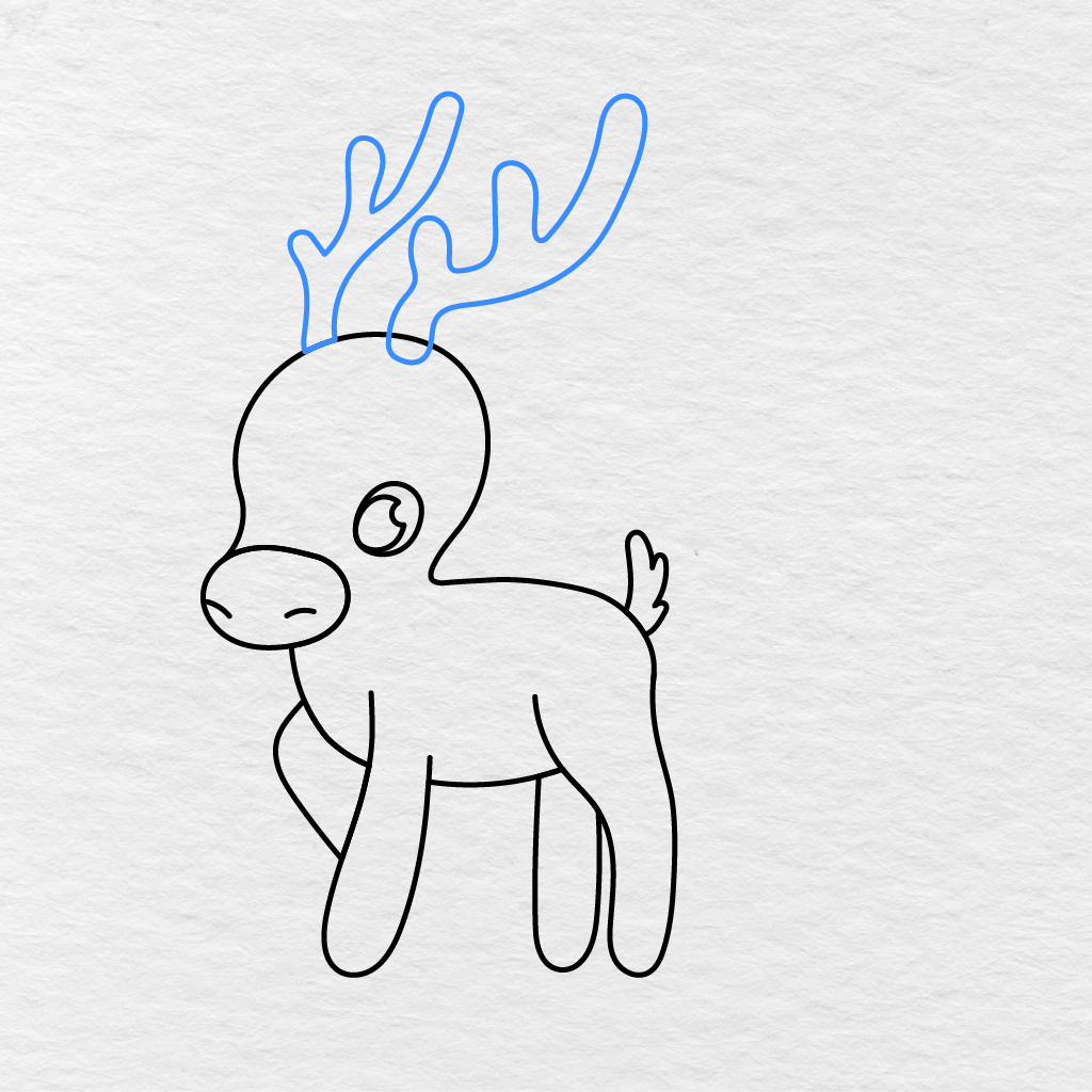 Step 8 Showing Two Large Branching Antlers Drawn On Top Of The Deer’s Head.