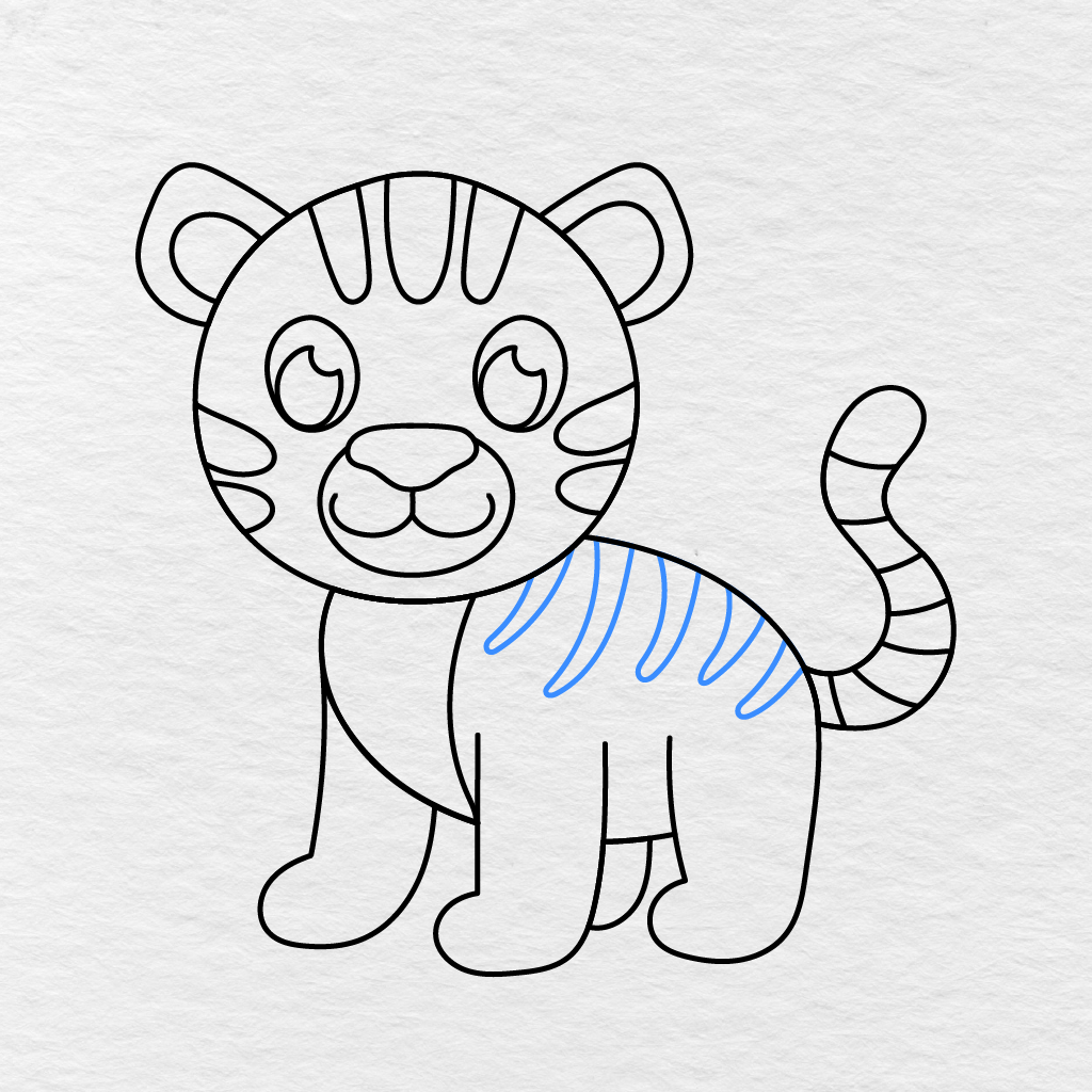 Step 12 Showing Long Curved Stripes Added Across The Tiger’s Back.