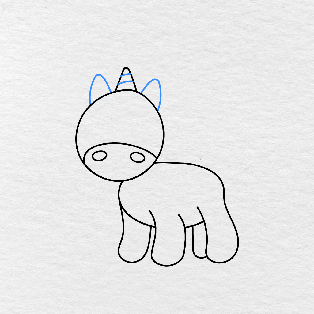 Step 7 Showing How To Draw A Unicorn With Pointed Ears And Horn Stripes.