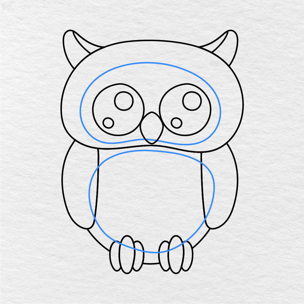 Step 9 Showing How To Draw An Owl With Face And Belly Details Added.
