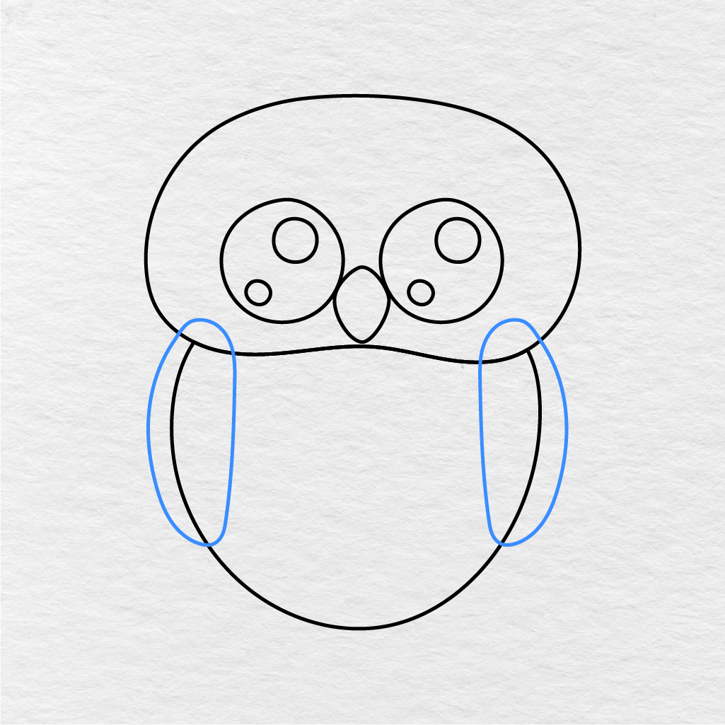 Step 6 Showing How To Draw An Owl With Two Long Rounded Wings.