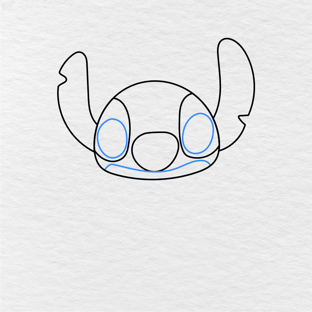 Step 5 Showing How To Draw Stitch With Large Oval Eyes And A Curved Mouth.