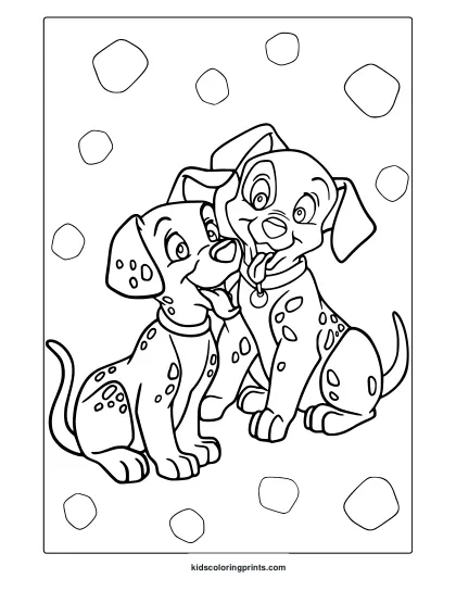 Dalmatian Puppies Coloring Page Sitting Together.