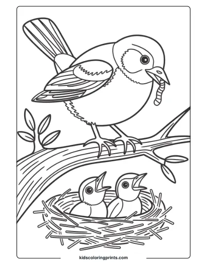 A Bird Gathering Food For Chicks In A Nest, Ideal For An Educational Bird Coloring Page For Kids.
