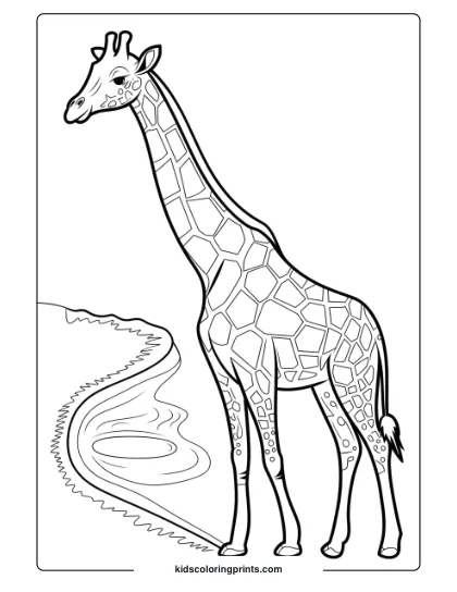 Relaxed Giraffe By A Watering Hole In A Soothing Coloring Page, Great For Quiet Time Coloring.