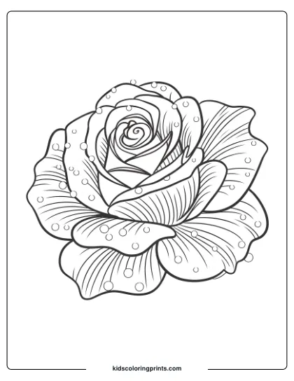 Morning Dew Coloring Page With A Blooming Rose, Capturing Freshness With Detailed Petals And Droplets.