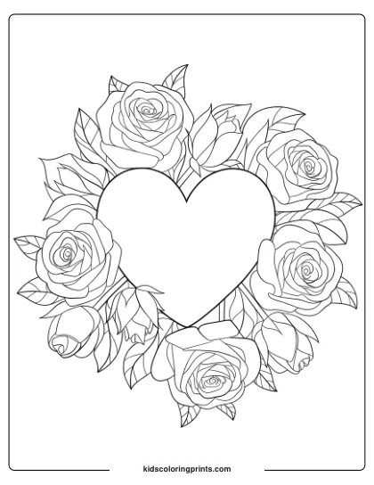 Coloring Page Of A Heart Surrounded By Roses In Full Bloom, Ideal For A Classic Floral-Themed Coloring Experience.