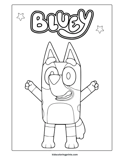 Bluey Coloring Page Featuring Bluey With Arms Raised And Stars Around, Perfect For Young Kids To Color.