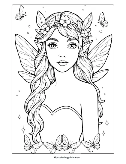 Adorable Fairy Coloring Page With Delicate Wings, Soft Smile, And Sparkles.