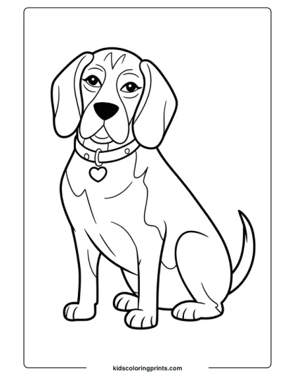 Adult Beagle With A Heart-Shaped Tag Sitting Upright In A Dog Coloring Page.