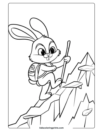 Coloring Page Of An Adventure Bunny Climbing A Mountain, Ideal For A Fun, Outdoor-Themed Coloring Activity.