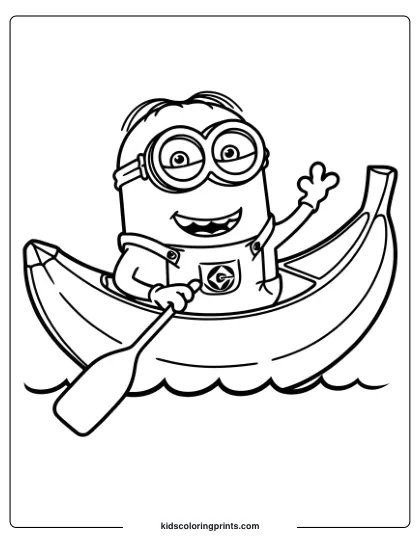A Fun Minion Coloring Page Featuring A Minion In A Banana Boat Holding A Paddle, Perfect For Light-Hearted Coloring Fun.