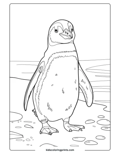 An African Penguin On A Sunny Beach, Set Against The Ocean Waves, A Unique Beach-Themed Penguin Coloring Page.