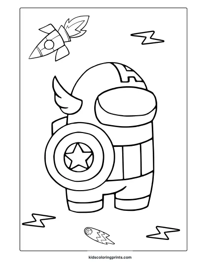 Among Us-Style Captain America Coloring Page With Shield, Lightning Bolts, And Simple Cartoon Shapes.