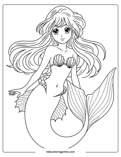 Anime Mermaid Swimming Gracefully Underwater With Flowing Hair And Expressive Eyes In This Elegant Coloring Page.