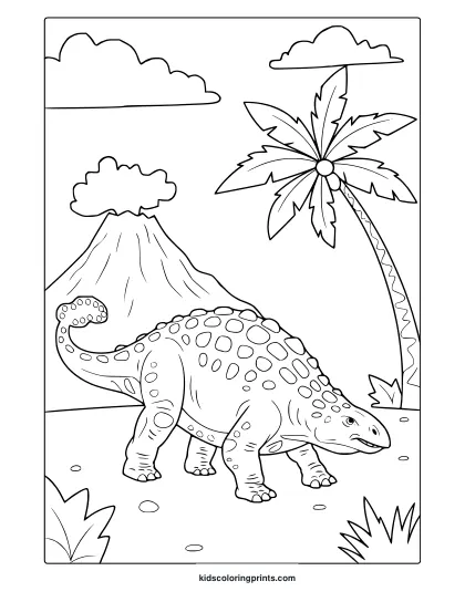 An Armored Ankylosaurus In Front Of A Volcano Is Shown In This Prehistoric-Style Dinosaur Coloring Page.
