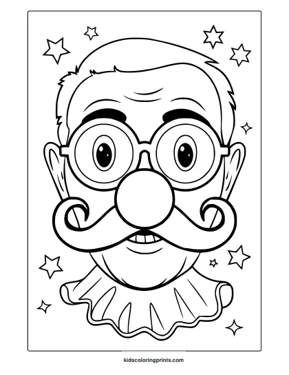 April Fools' Day Coloring Page Featuring A Funny Face With Glasses, A Mustache, And A Festive Background.
