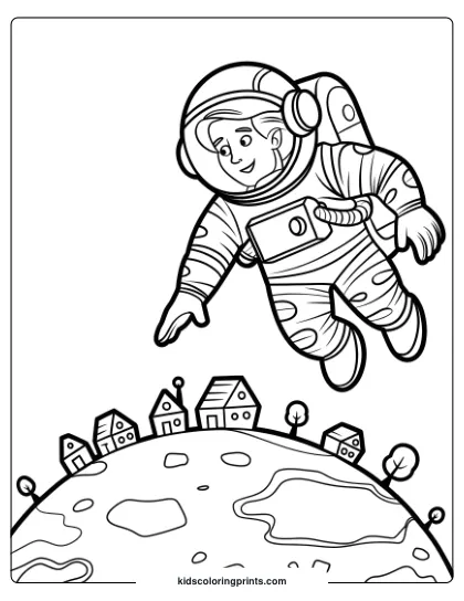 Coloring Page Of An Astronaut Exploring A Tiny Village On A Planet, Adding Wonder To Space Exploration.