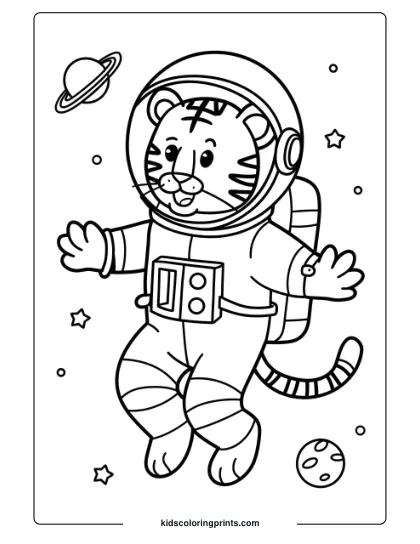 Astronaut Tiger Coloring Page Featuring A Tiger In Space With Planets, Stars, And A Satellite.