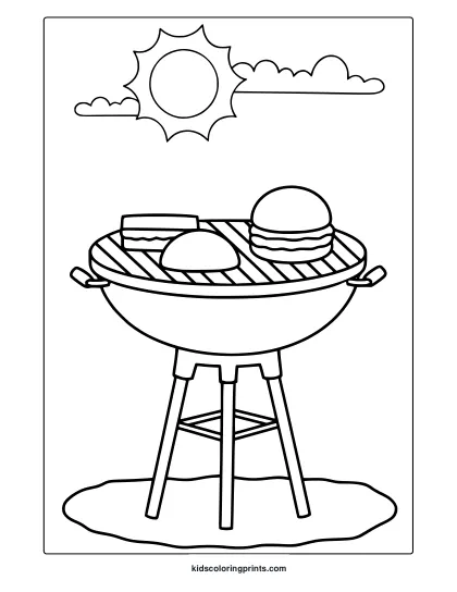 Coloring Page With A Barbecue Grill, Burgers, Hot Dog, Sun, And Cloud For A Summer August Cookout Theme.