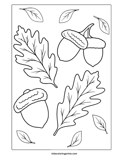 Oak Leaves And Acorns Arranged In A Decorative Black And White Autumn Coloring Page.