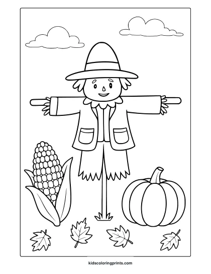 Cartoon Scarecrow With Pumpkin, Corn, And Leaves In A Festive Autumn Coloring Page.