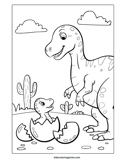 A Baby And Parent T-Rex In A Desert Scene Are Featured In This Heartwarming Dinosaur Coloring Page For Children.