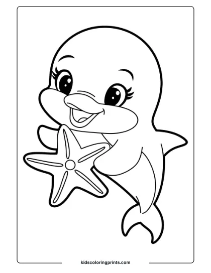 A Baby Dolphin Holding A Starfish, Perfect For A Cute And Engaging Coloring Page.