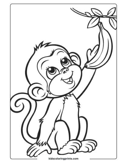 A Baby Monkey Coloring Page Showing A Playful Monkey Reaching For A Banana Hanging From A Leafy Branch.