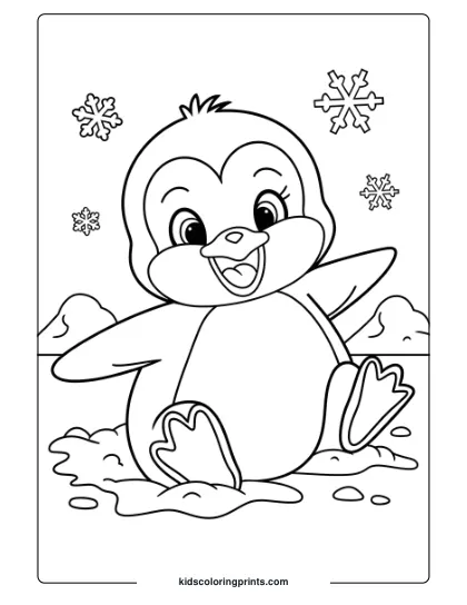 A Playful Baby Penguin Enjoying A Snowy Day, An Adorable Winter Coloring Page For Kids.