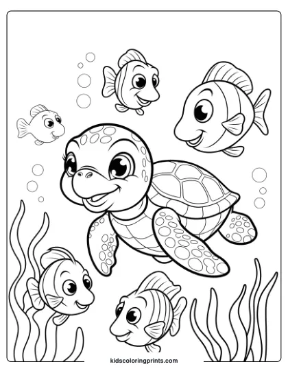 Baby Turtle And Fish Coloring Page, Showcasing A Friendly Sea Scene With Fish Companions.