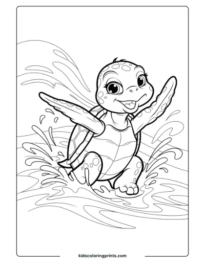 Baby Turtle Coloring Page With Waves, Showing A Cheerful Turtle Enjoying The Water In A Lively Scene.