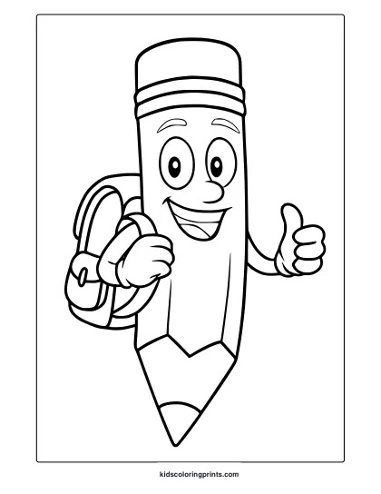Coloring Page With Smiling Cartoon Pencil Holding A Backpack And Giving Thumbs Up.