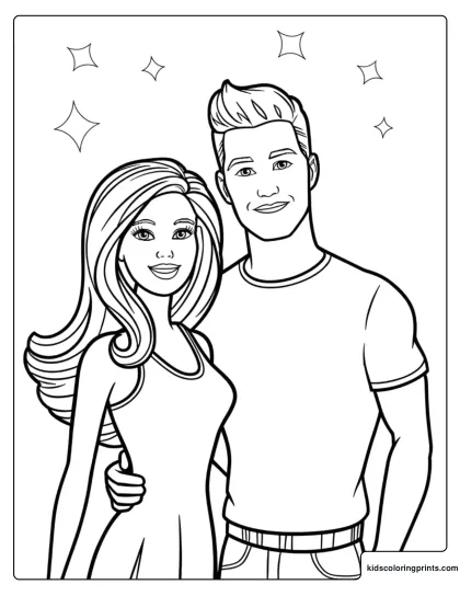 Barbie And Ken Coloring Page With Barbie And Ken Smiling Together With Sparkles In The Background.