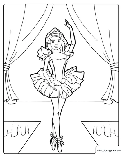 Barbie Ballerina Coloring Page With Barbie Dancing On Pointe On A Stage Between Curtains.