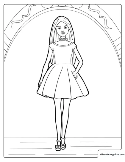 Barbie Doll Coloring Page With Barbie Standing In A Dress Under A Decorative Arch.