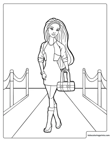Barbie Fashion Coloring Page With Barbie Walking A Runway In Boots And Carrying A Handbag.