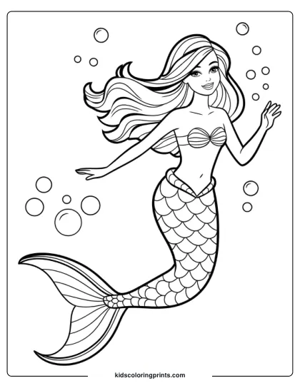 Barbie Mermaid Swimming Underwater With Bubbles And A Detailed Tail In This Coloring Page.