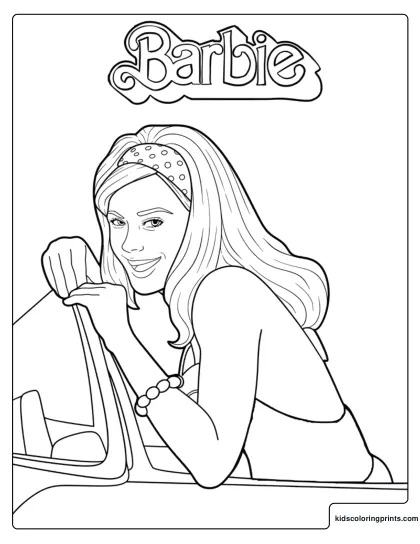 Barbie Movie Coloring Page With Barbie Leaning Out Of A Car Window Under The Barbie Logo.