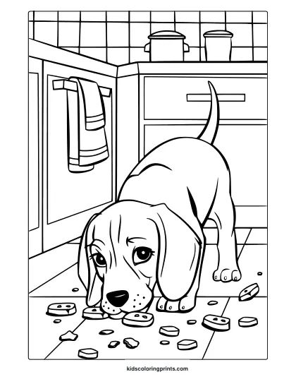 A Beagle Puppy In The Kitchen With Food On The Floor. A Delightful Beagle Puppy Coloring Page For Dog Lovers.