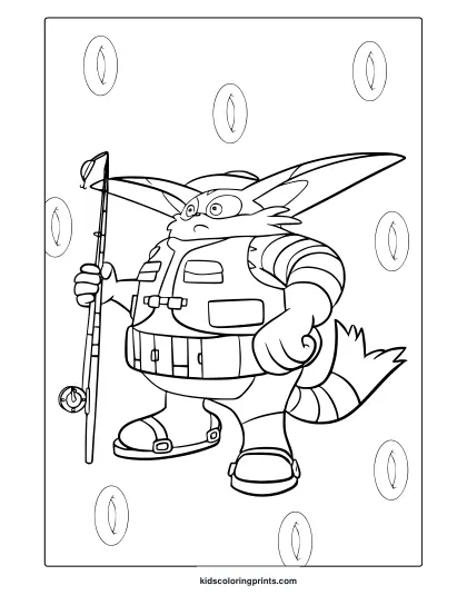 Coloring Page With Big The Cat In Military Outfit Holding A Fishing Rod.