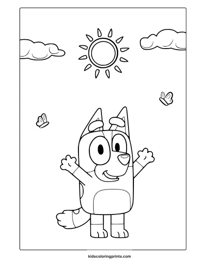 Bingo From Bluey Coloring Page With Raised Arms, Sun, Clouds, And Butterflies.