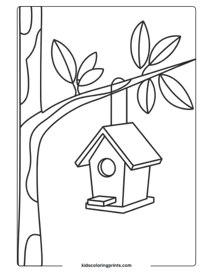 A Birdhouse On A Tree Branch With Leaves In A Basic, Monochromatic Bird Coloring Page For Kids.