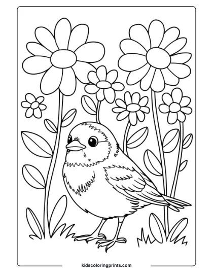 A Bird In A Wildflower Field, Perfect For A Serene And Nature-Inspired Bird Coloring Page For Kids.