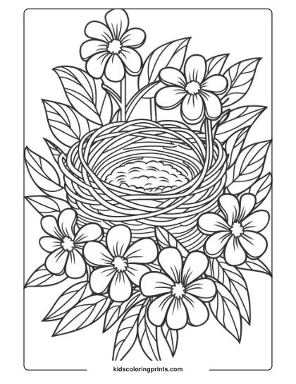 A Bird's Nest Among Flowers, Perfect For A Floral-Themed Bird Coloring Page For Nature Lovers.