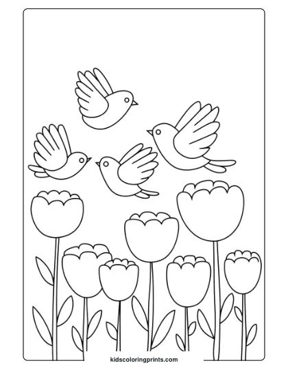 Birds In Flight Above Tulips, Perfect For A Floral And Nature-Themed Bird Coloring Page For Kids.