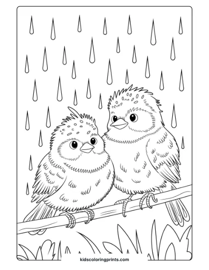 Fluffy Birds In The Rain, Perfect For A Cute And Natural Bird Coloring Page For Children.